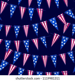 Ink hand drawn seamless pattern with american flag garland on July 4th Independence day