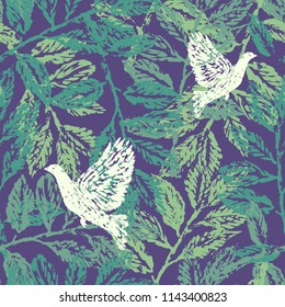 Ink hand drawn seamless pattern with laurel branches and pigeons