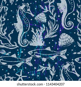 Ink hand drawn seamless pattern with night sea life scene