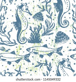 Ink hand drawn seamless pattern with day sea life scene