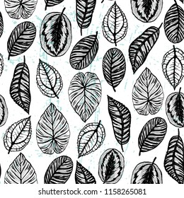 Ink hand drawn seamless pattern with exotic plants leaves