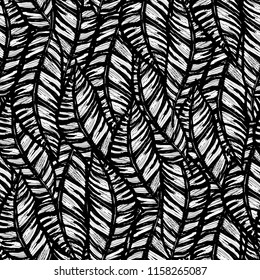 Ink hand drawn seamless pattern with exotic plant leaves