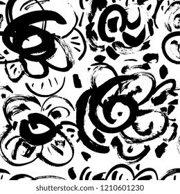 Ink hand drawn seamless pattern. Geometric elements for design. Flowers. White background.
