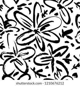 Ink hand drawn seamless pattern. Geometric elements for design. Flowers. White background.