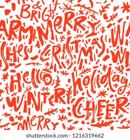 Ink hand drawn seamless pattern. Lettering "Happy new year". Geometric elements for design. White background.
