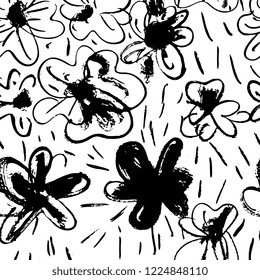 Ink hand drawn seamless pattern. Wild flowers and geometric elements for design. White background.