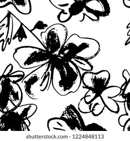 Ink hand drawn seamless pattern. Wild flowers and geometric elements for design. White background.