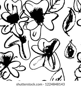 Ink hand drawn seamless pattern. Wild flowers and geometric elements for design. White background.