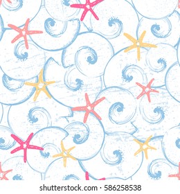 Ink hand drawn seamless pattern with seashells and starfishes