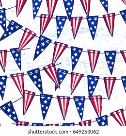 Ink hand drawn seamless pattern with american flag garland on 4th of July Independence day