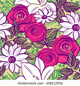 Ink hand drawn seamless pattern with Summer flowers Roses, Lilies and Chamomiles