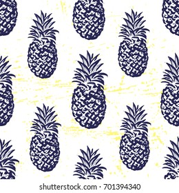 Ink hand drawn seamless pattern with pineapples