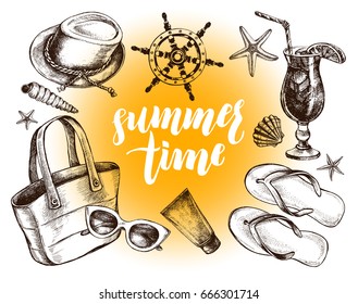 Ink hand drawn set of Beach accessories and marine elements. Sea vacation collection. Template for cards, banners, posters design with modern brush calligraphy style lettering. Vector illustration.