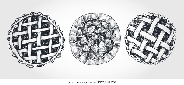 Ink hand drawn set of berry pies. Food elements collection. Vector illustration. Menu or signboard template.