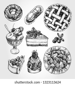 Ink hand drawn set of berry pies, cakes, desserts, pastries. Food elements collection. Vector illustration. Menu or signboard template.