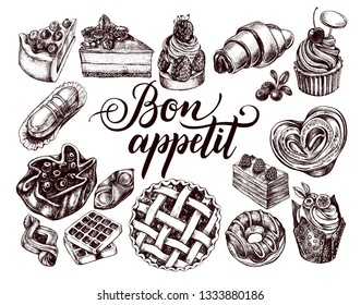 Ink hand drawn set of berry pies, cakes, desserts, pastries. Food elements collection with brush calligraphy style lettering. Vector illustration. Menu or signboard template.