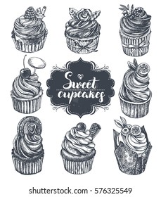 Ink hand drawn set of cupcakes. Food elements collection for design, Vector illustration.