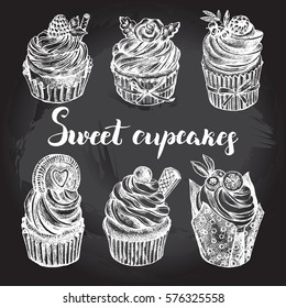 Ink hand drawn set of cupcakes. Food elements collection for design, Vector illustration.