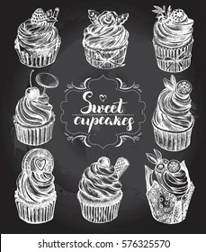 Ink hand drawn set of cupcakes. Food elements collection for design, Vector illustration.