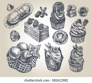 Ink hand drawn set of cupcakes, desserts, sweets. Food elements collection for design, Vector illustration.