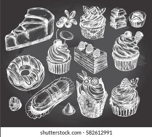 Ink hand drawn set of cupcakes, desserts, sweets. Food elements collection for design, Vector illustration.