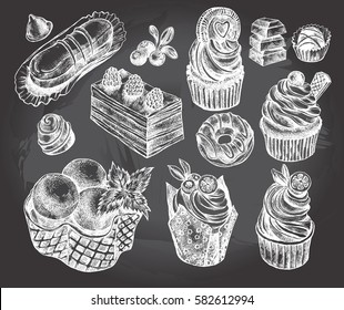 Ink hand drawn set of cupcakes, desserts, sweets. Food elements collection for design, Vector illustration.