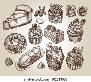 Ink hand drawn set of cupcakes, desserts, sweets. Food elements collection for design, Vector illustration.