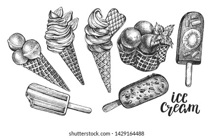 Ink hand drawn set of different types of ice cream. Food elements collection for menu or signboard design with brush calligraphy style lettering. Vector illustration.
