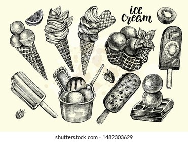 Ink hand drawn set of different types of ice cream. Popsicle on a stick. Food elements collection for menu or signboard design with brush calligraphy style lettering. Vector illustration.