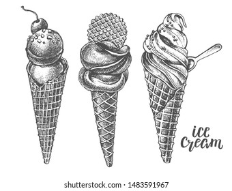 Ink hand drawn set of different types of ice cream. Food elements collection for menu or signboard design. Vector illustration with brush calligraphy style lettering.