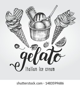 Ink hand drawn set of different types of ice cream, italian dessert gelato. Food elements collection for menu or signboard design. Vector illustration with brush calligraphy style lettering.