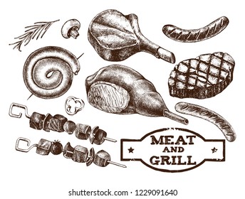 Ink hand drawn set of meat products and grilled dishes. Food elements collection. Vector illustration.