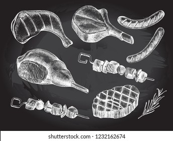 Ink hand drawn set of meat products and grilled dishes. Food elements collection. Vector illustration.