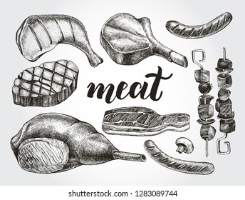 Ink hand drawn set of meat products and grilled dishes. Food elements collection. Vector illustration with brush calligraphy style lettering.