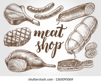 Ink hand drawn set of meat products, bacon, salami and sausages. Food elements collection. Vector illustration with brush calligraphy style lettering.