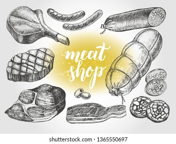 Ink hand drawn set of meat products, bacon, salami and sausages. Food elements collection. Vector illustration with brush calligraphy style lettering.