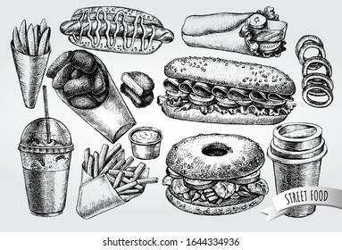 Ink hand drawn set of street food - hot dog, sandwich, French fries, nuggets, bagel, milkshake, ice cream.  Fast Food elements collection for menu or signboard design. Vector illustration.