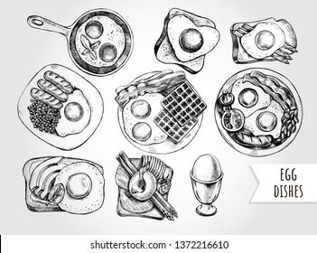 Ink hand drawn set of various egg dishes for breakfast. Food elements collection for menu or signboard design. Vector illustration.
