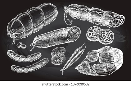 Ink hand drawn set of various sausages, ham, salami, meat products. Food elements collection for menu or signboard design. Vector illustration.