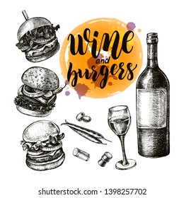 Ink hand drawn set of various various burgers and bottle of wine with a glass. Food elements collection for menu or signboard design with brush calligraphy style lettering. Vector illustration.