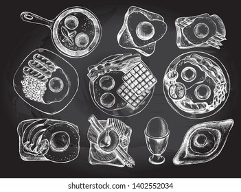 Ink hand drawn set of various egg dishes for breakfast. Food elements collection for menu or signboard design. Vector illustration.