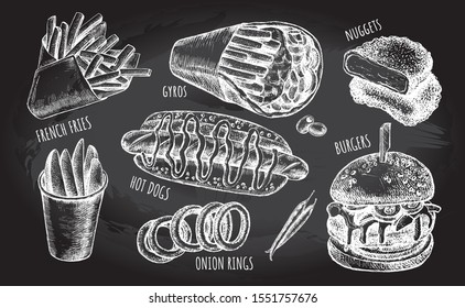 Ink hand drawn set of various burgers, hot dog, greek gyros, French fries, nuggets.  Fast Food elements collection for menu or signboard design. Vector illustration.