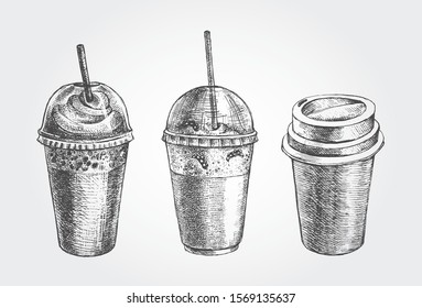 Ink hand drawn set of various take out cup for cold and hot drinks. Fast Food elements collection for menu or signboard design. Vector illustration.