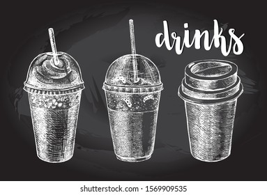 Ink hand drawn set of various take out cup for cold and hot drinks. Fast Food elements collection for menu or signboard design. Vector illustration.