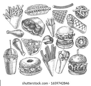 Ink hand drawn set of various burgers, hot dog, burrito, French fries, nuggets, donut, falafel, pizza, churros, bagel. Food elements collection for menu or signboard design. Vector illustration.