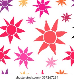 Ink hand drawn sketch artsy background, seamless pattern in bright pink, red, orange colors, summer sun pattern