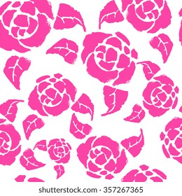 Ink hand drawn sketch artsy background, seamless pattern in bright hot pink, roses, rose pattern