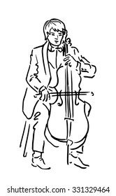 Ink hand drawn sketch of classical musician - cellist