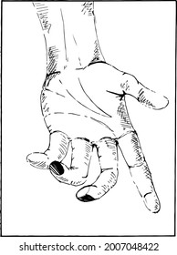 Esbozo dibujado con la mano en tinta de una mano humana sobre fondo blanco