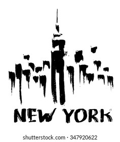 Ink hand drawn sketch of New York skyscrapers view.